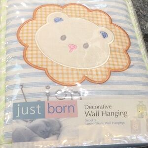 🦒🐒Set of three “Just Born” baby nursery diaper stacker, pillow, wall hangings.